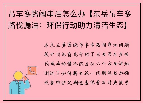 吊车多路阀串油怎么办【东岳吊车多路伐漏油:环保行动助力清洁生态】